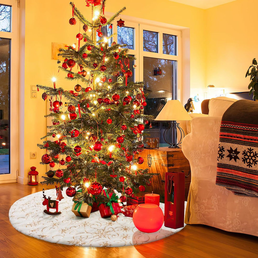 Dremisland Weihnachtsbaum Röcke Grosse Weiss & Golden Plüsch Weihnachtsbaumdecke mit Pailletten Schn