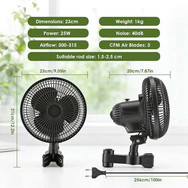 Grow Clip-Ventilator 25W, Oszillierender Klemmbar 22cm Durchmesser für Growzelt Growbox mit 1.5m lan