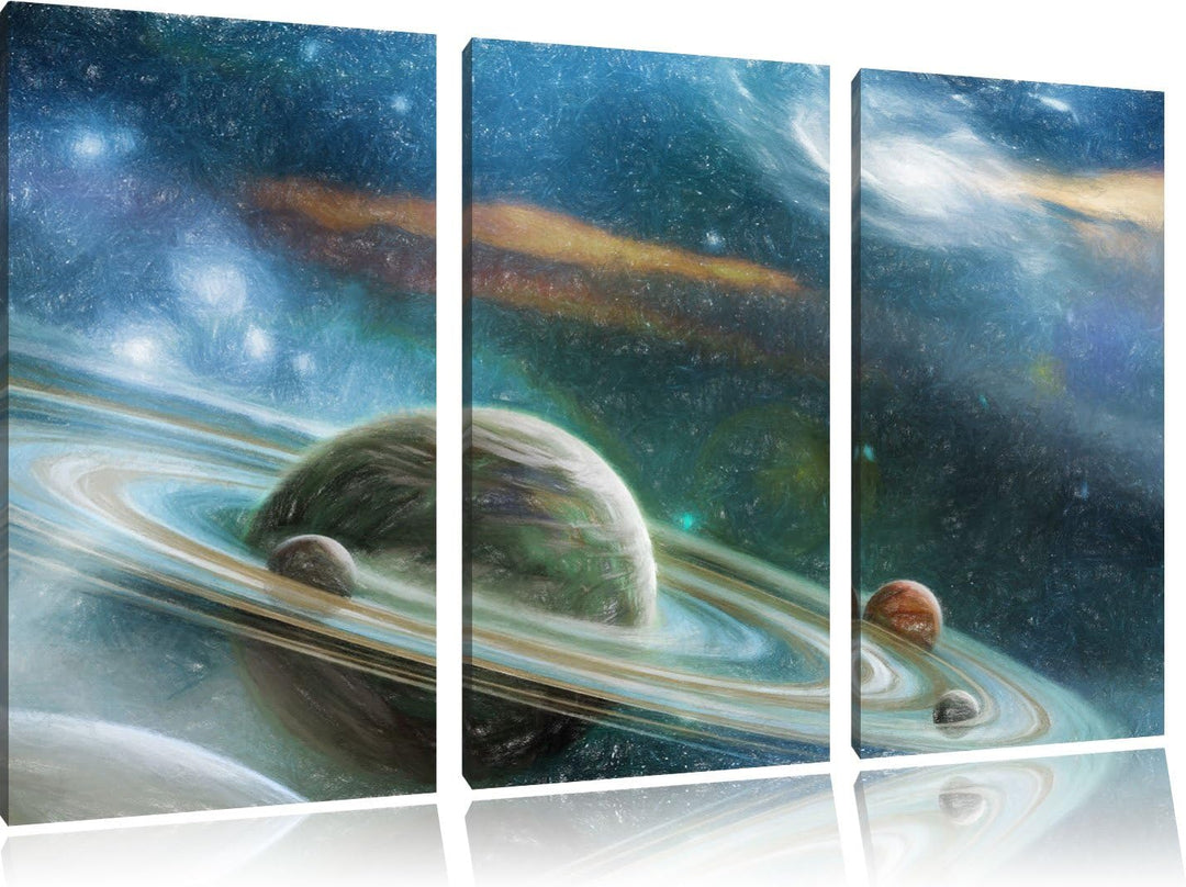 Pixxprint Planet mit Ringsystem / 3-Teilig/Gesamtmass 120cm Leinwandbild bespannt auf Holzrahmen/Wan