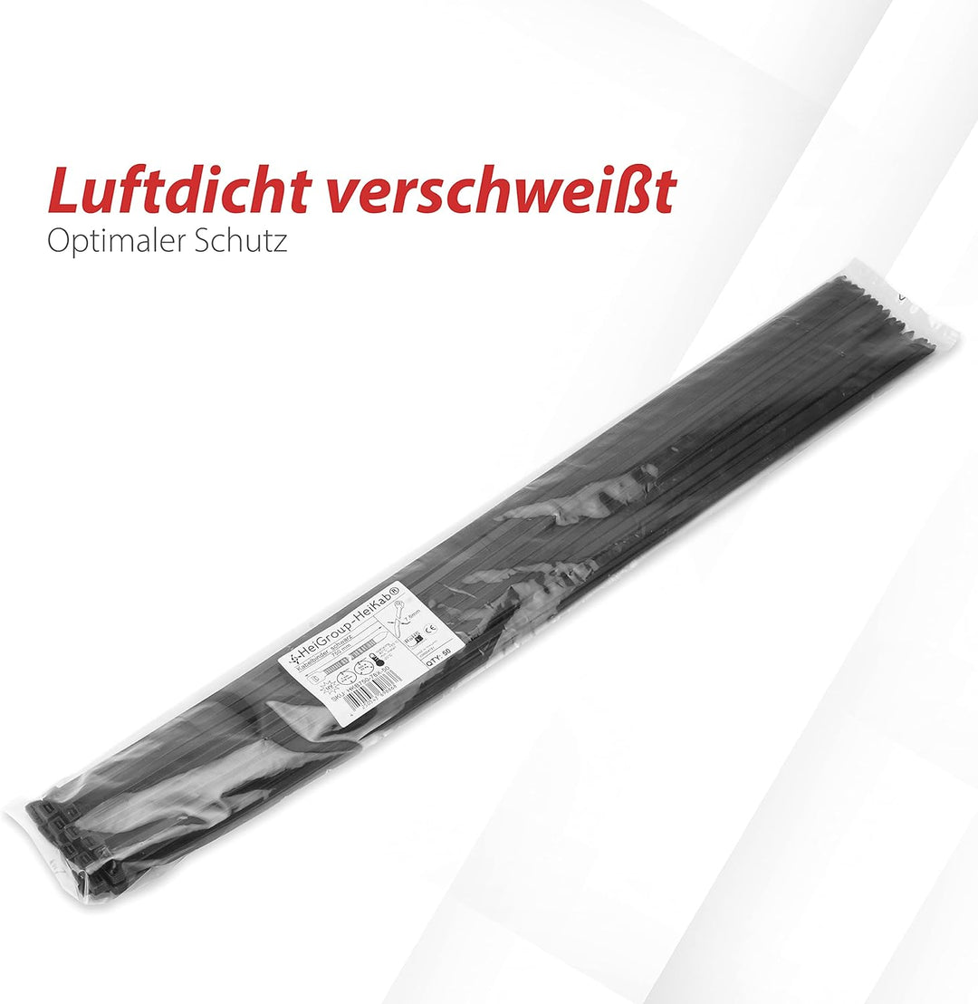HeiKab 50 Kabelbinder 750 x 7,6 mm - UV-Beständig - Mindestzugfestigkeit 540 N / 55 kg - Schwarz - 7