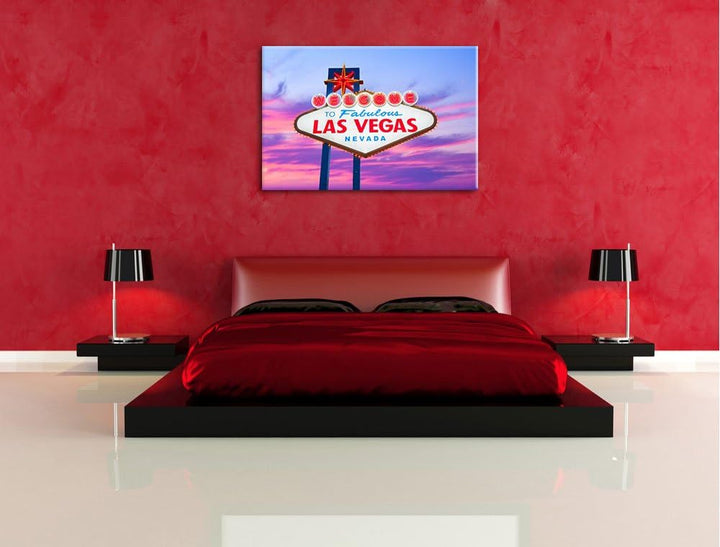 Las Vegas Ortseingangsschild am Abend Format: 100x70 auf Leinwand, XXL riesige Bilder fertig gerahmt