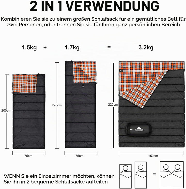 Baumwollflanell-Doppelschlafsack für Camping, Wandern oder Wandern. Queen Size 2 Person wasserdichte