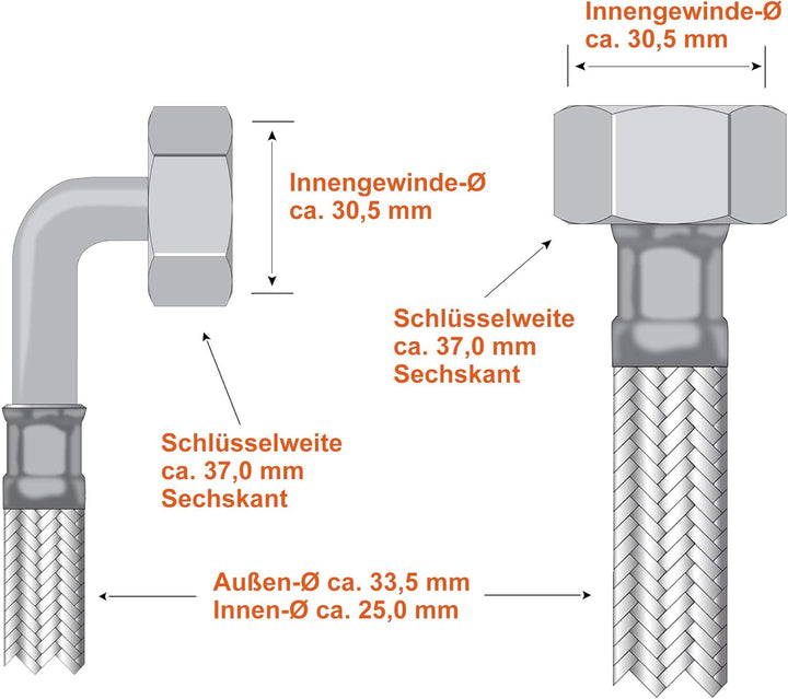 SFX® Flexschlauch 80cm DN25-1 Zoll ÜM x 1 Zoll ÜM mit 90 Grad Bogen Stahldraht Umflechtung Panzersch