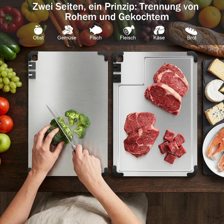 Schneidebrett Edelstahl Upgrade - Cutting Board Antibakterielles Schneidebretter mit Saftrille, Inte