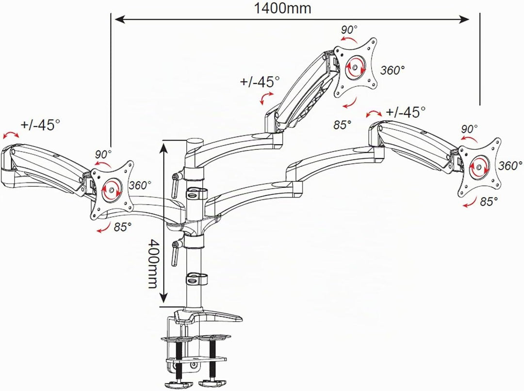 HFTEK - Monitorarm - Triple - Halterung Halter Tischhalterung für 3 Bildschirme von 15 - 27 Zoll mit