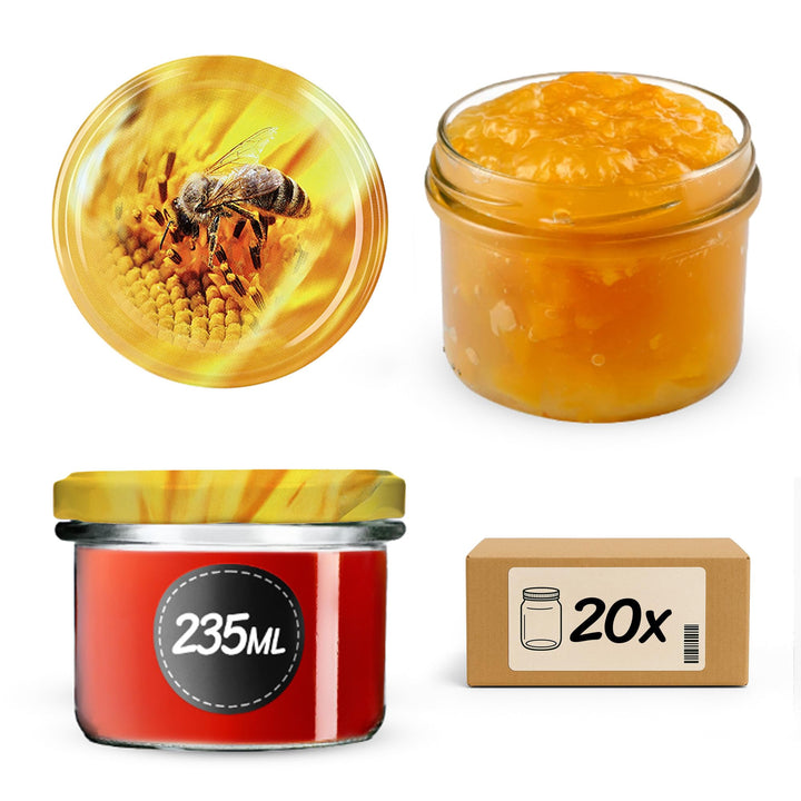 KADAX 20er Set Marmeladengläser 235ml TO82 Biene, Einmachgläser Vorratsgläser Mason Jar mit Schraubd