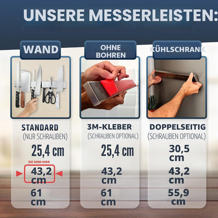 Premium 43cm Magnetleiste Messer für Wand - Extra Starker Messerhalter Magnetisch - Platzsparende Me