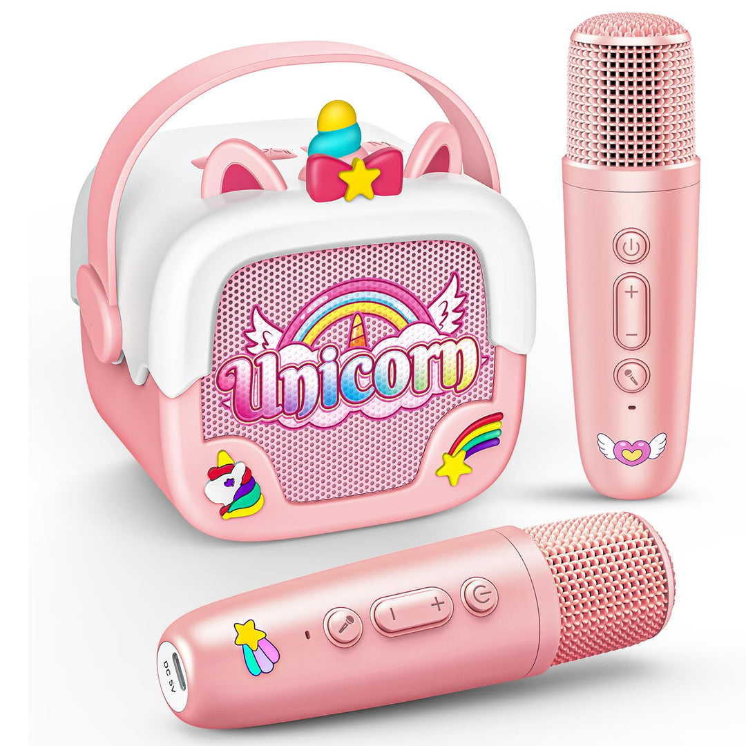 Karaoke Maschine Kinder mit 2 Bluetooth Karaoke Mikrofon, Einhorn Geschenk Spielzeug für Mädchen 3-1