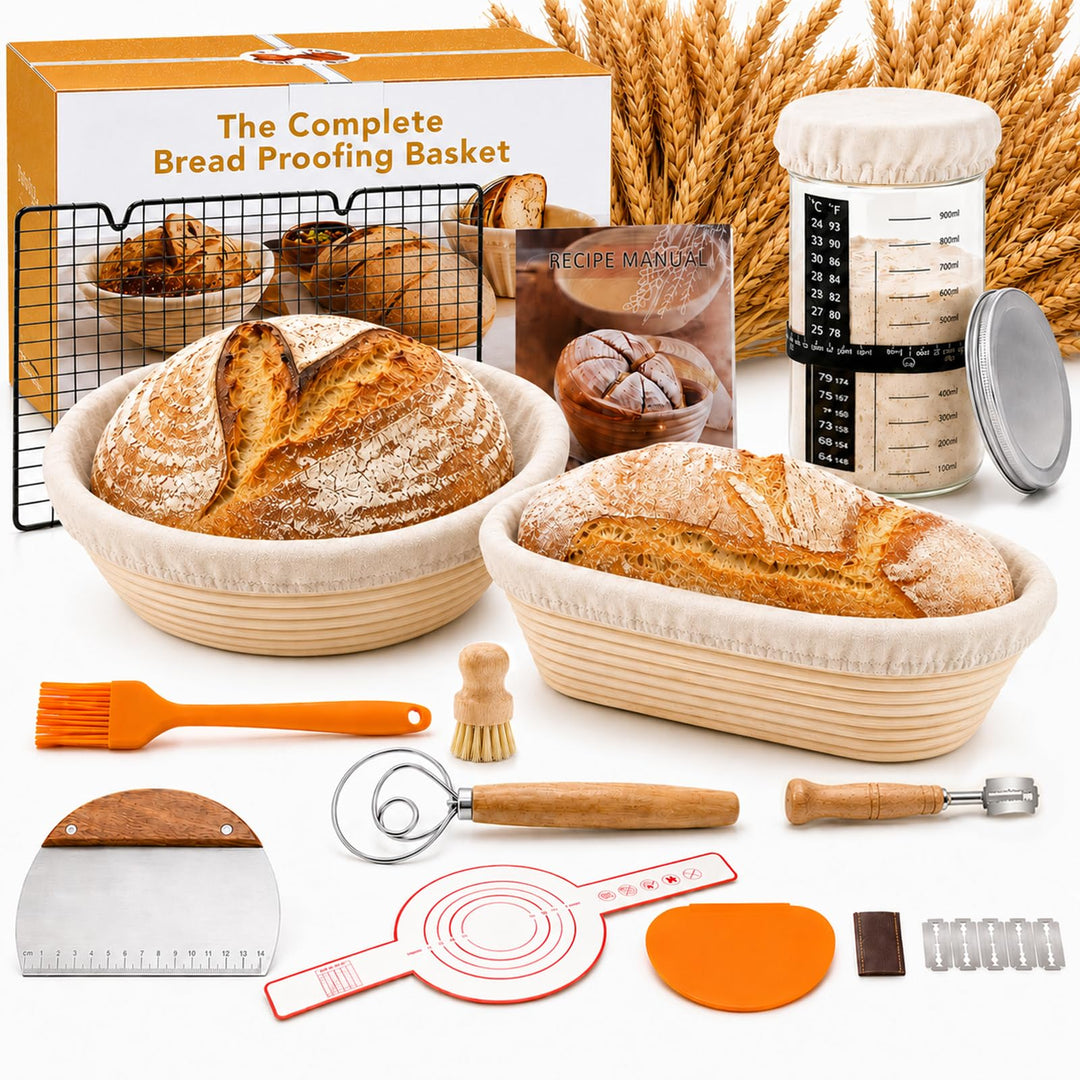 Sauerteig Starter Set Komplett Gärkörbchen Rund &amp; Oval aus Rattan | Teigbesen &amp; Schaber, Starterglas