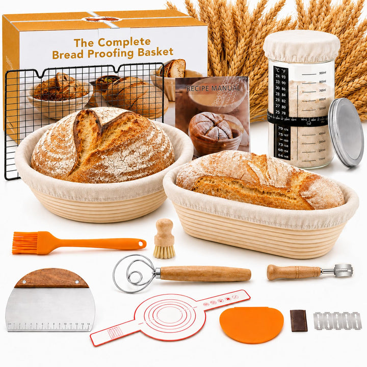 Sauerteig Starter Set Komplett Gärkörbchen Rund &amp; Oval aus Rattan | Teigbesen &amp; Schaber, Starterglas