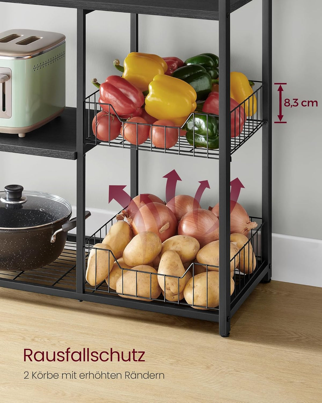 VASAGLE Küchenregal, Standregal mit 2 Metallkörben, Bäckerregal mit Haken und Regalablagen, Mikrowel