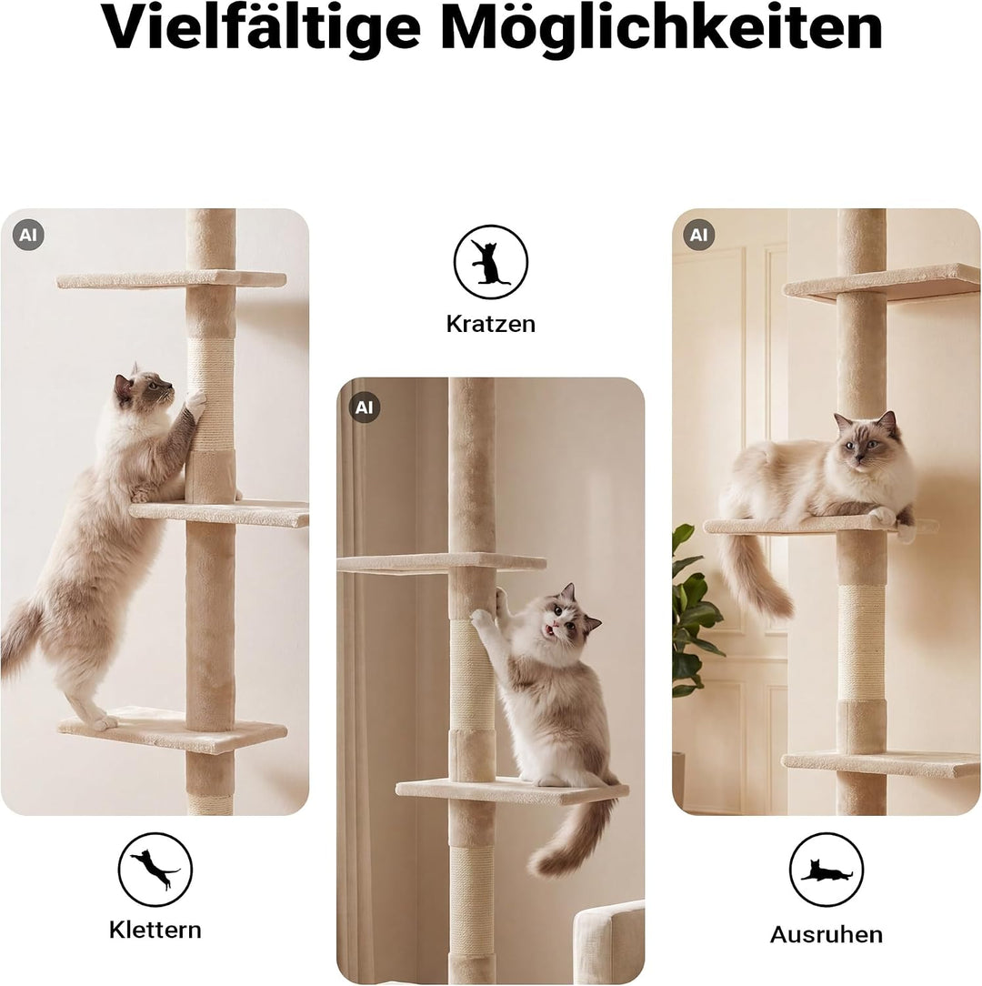 Fudajo Kratzbaum deckenhoch 230–276 cm in Beige, Katzenkratzbaum mit 4 Ebenen, Katzenbaum Deckenspan