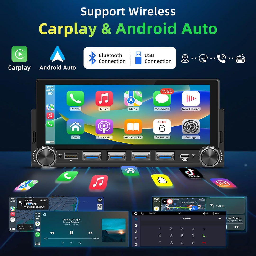 Autoradio 1 DIN mit Wireless CarPlay & Android Auto, 6,86-Zoll HD Touchscreen Auto Display, Mirror L