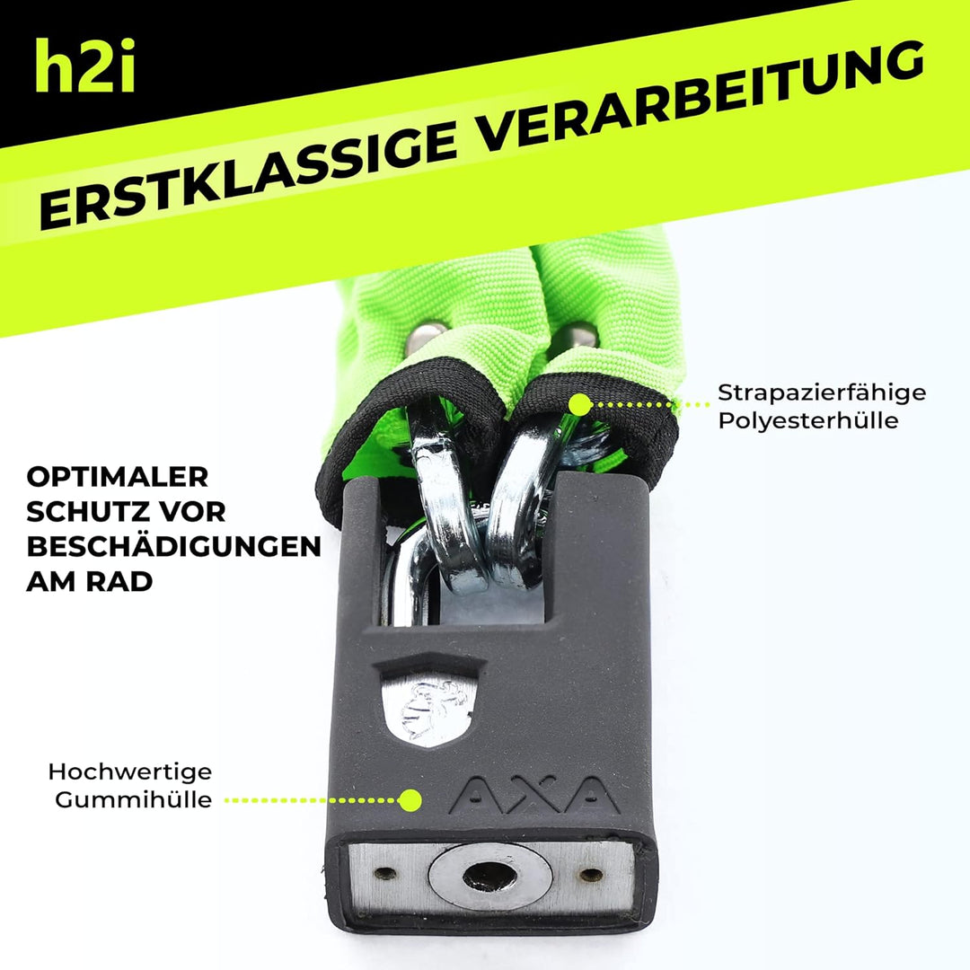 h2i Set aus AXA Kettenschloss Clinch CH85 Plus in Grün und h2i Sticker, Fahrradschloss mit Kette 85c