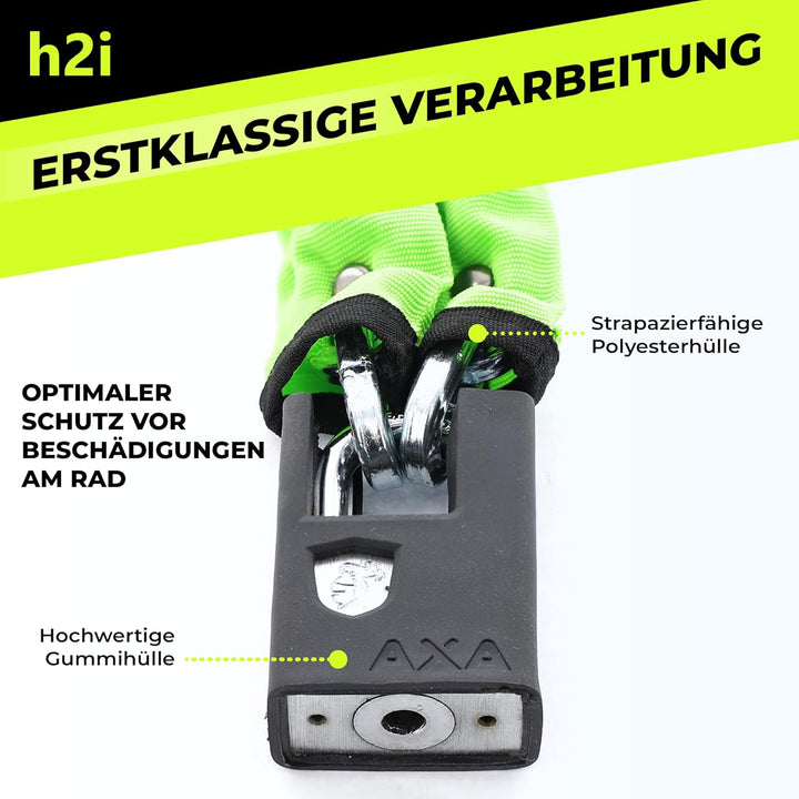 h2i Set aus AXA Kettenschloss Clinch CH85 Plus in Grün und h2i Sticker, Fahrradschloss mit Kette 85c