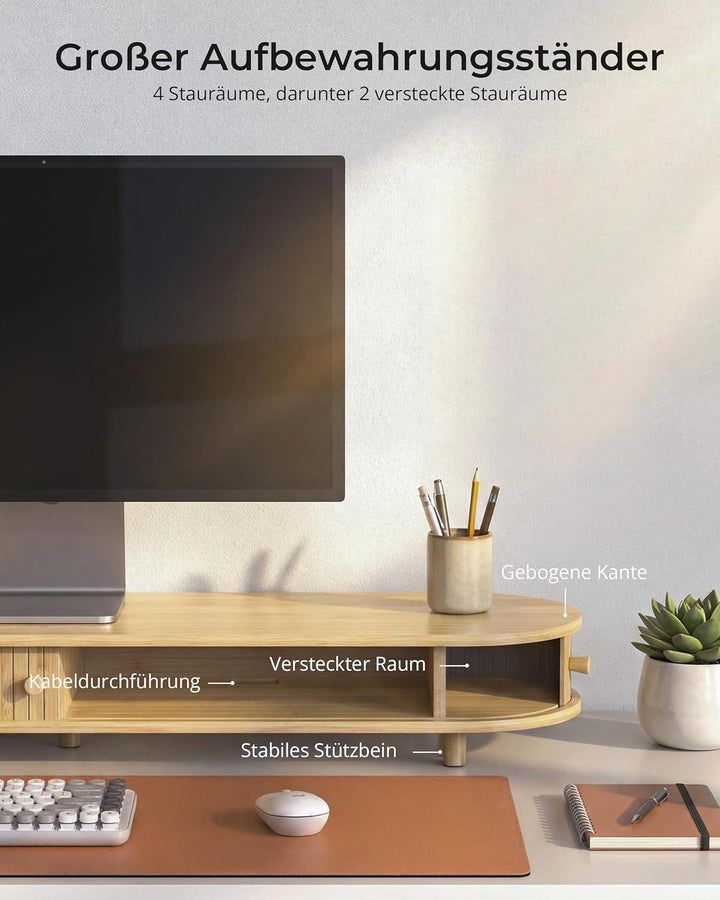 Bambus-Doppelmonitorständer mit Stauraum, gebogener Doppel-Computer-Laptopständer, Schreibtischregal