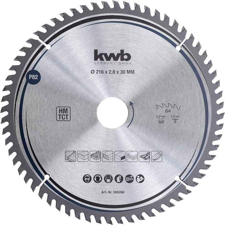 kwb Kreissägeblatt 216 x 30 mm, sehr feiner Schnitt, Sägeblatt geeignet für Arbeitsplatten, Holz und