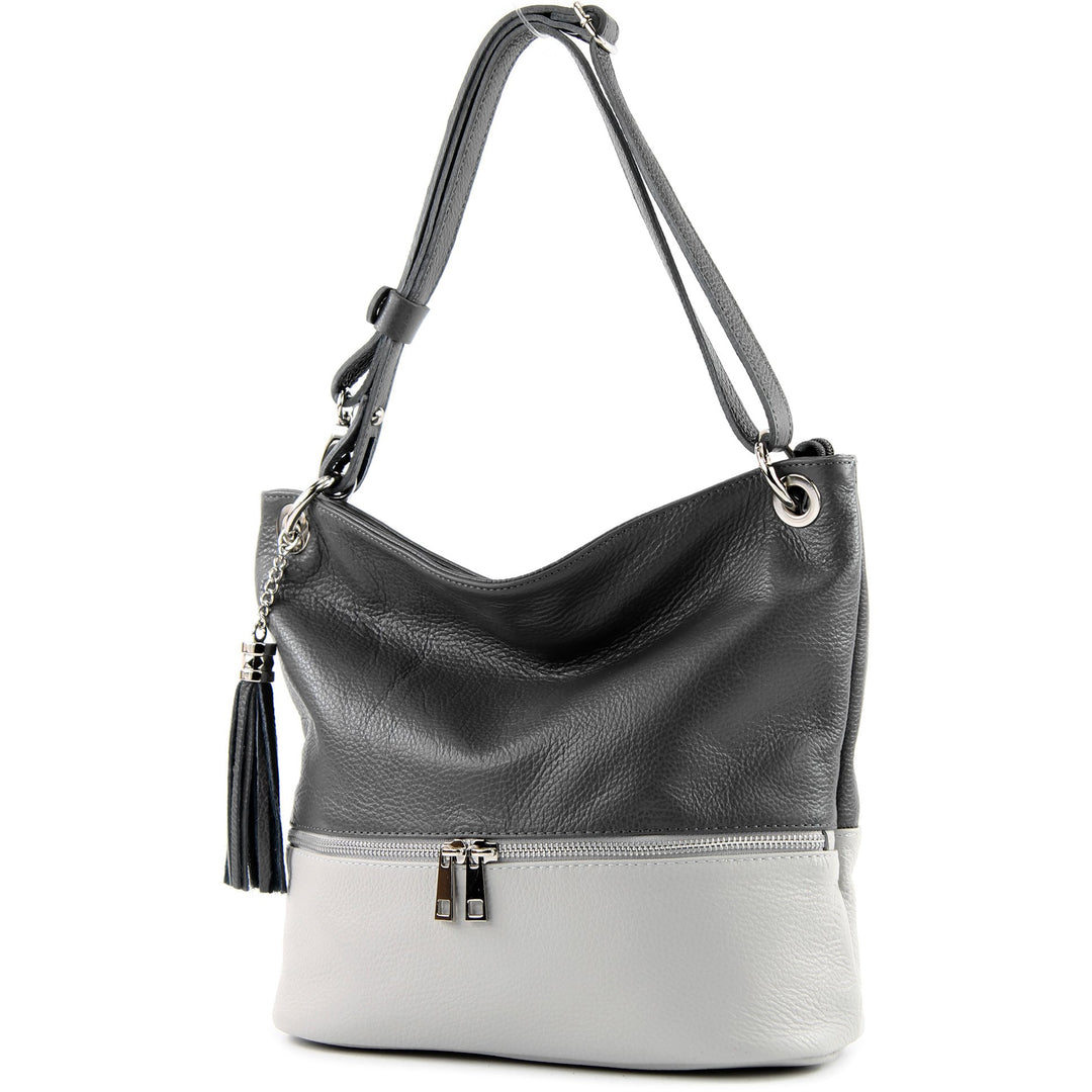 modamoda de - T143 - ital. Leder Schultertasche Umhängetasche Dunkelgrau/Grau2021, Dunkelgrau/Grau20