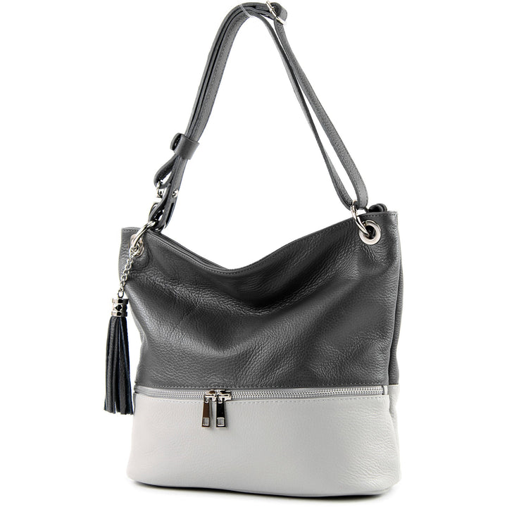 modamoda de - T143 - ital. Leder Schultertasche Umhängetasche Dunkelgrau/Grau2021, Dunkelgrau/Grau20