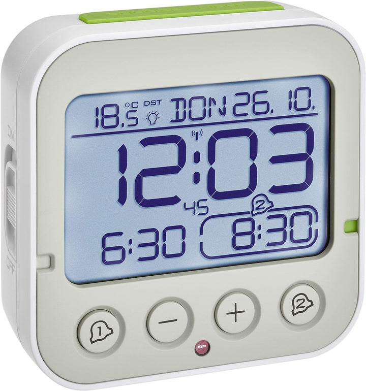 TFA Dostmann Funk Wecker Bingo 2.0, digital, mit Temperaturanzeige, 2 Weckzeiten, batteriebetrieben,