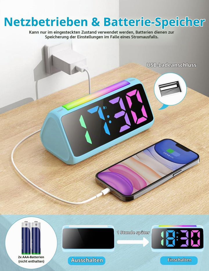 Wecker Digital, Digitaler Wecker Kinder mit Licht, Bunter LED Anzeige, 0-100% Helligkeitsdimmer, 2 A