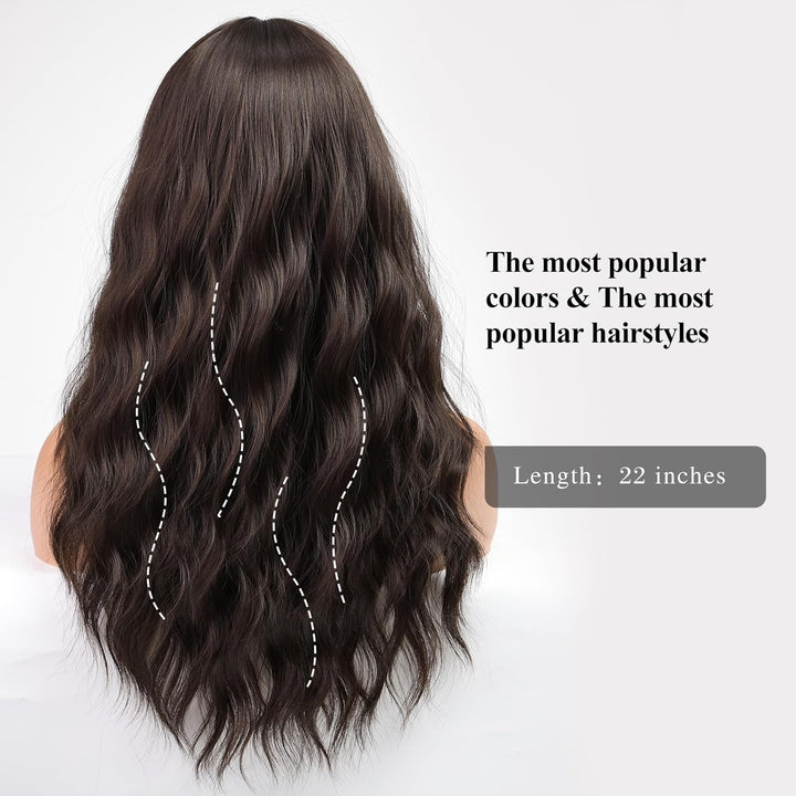 HAIRCUBE Dunkelbraune Perücke mit Pony, lockige Perücke mit Pony für Frauen, Kunsthaar, natürlicher