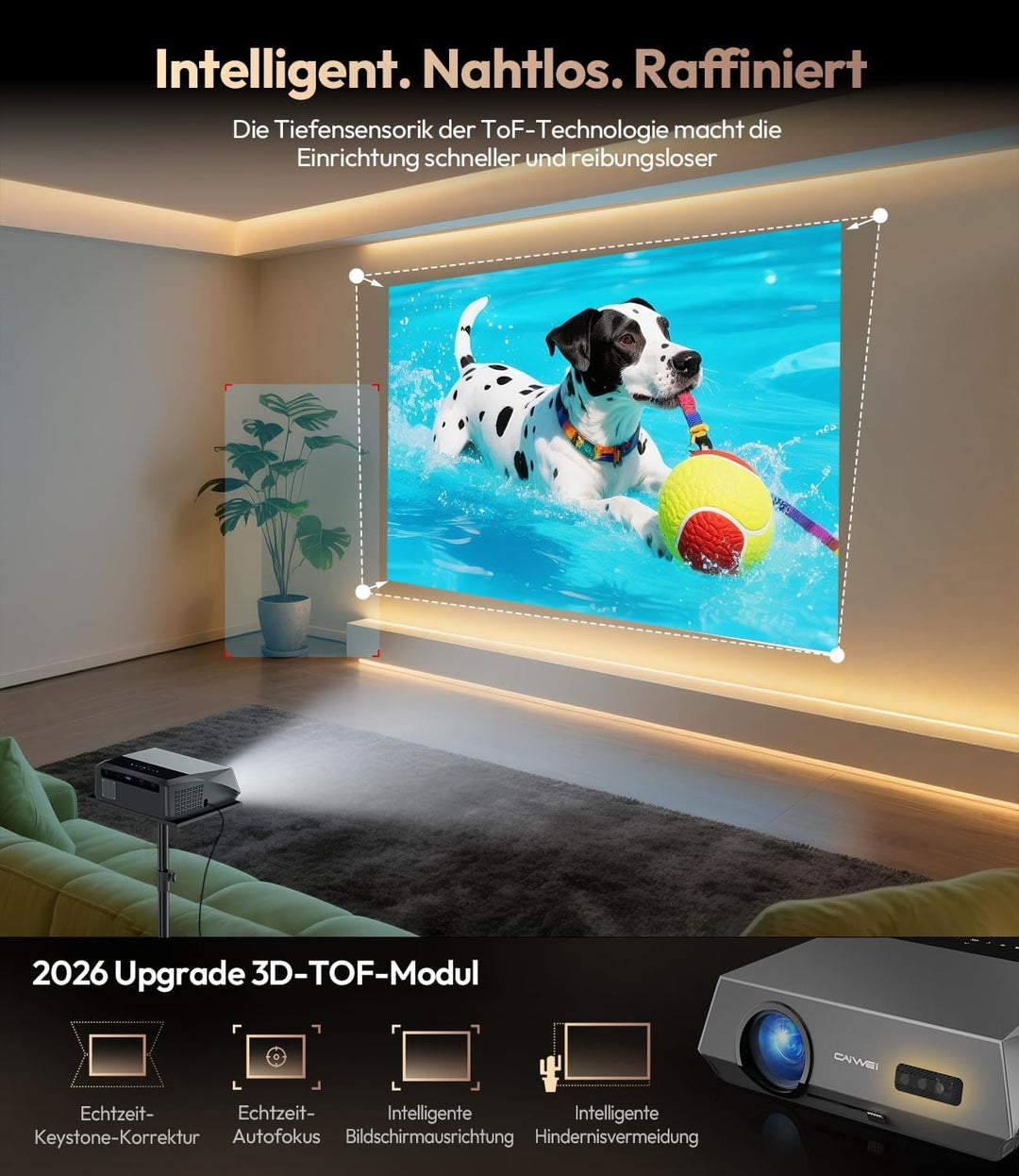 4K Beamer 2400 ANSI Lumen, Tageslichttauglich, Netflix Zertifiziert, Smart-Beamer für Heimkino mit A