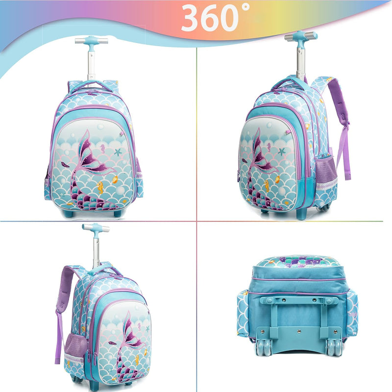 HTgroce Trolley Rucksack mit Rollen Schulranzen mit Rollen für Mädchen 16inch Meerjungfrau Schulranz