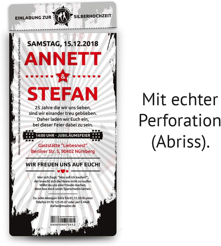30 x Hochzeitseinladungen Silberhochzeit silberne Hochzeit Ticket Einladungen individuell - Rock and