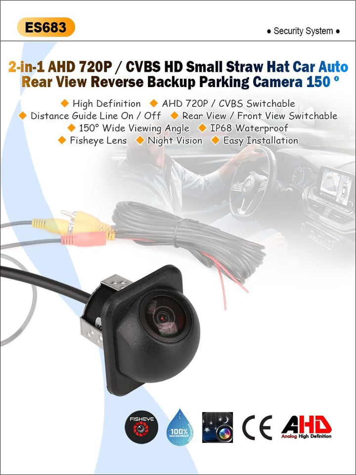 Erisin 2-in-1 150° AHD 720P / CVBS HD Mini Strohhut KFZ Auto Rückansicht Rückfahrkamera Wasserdicht