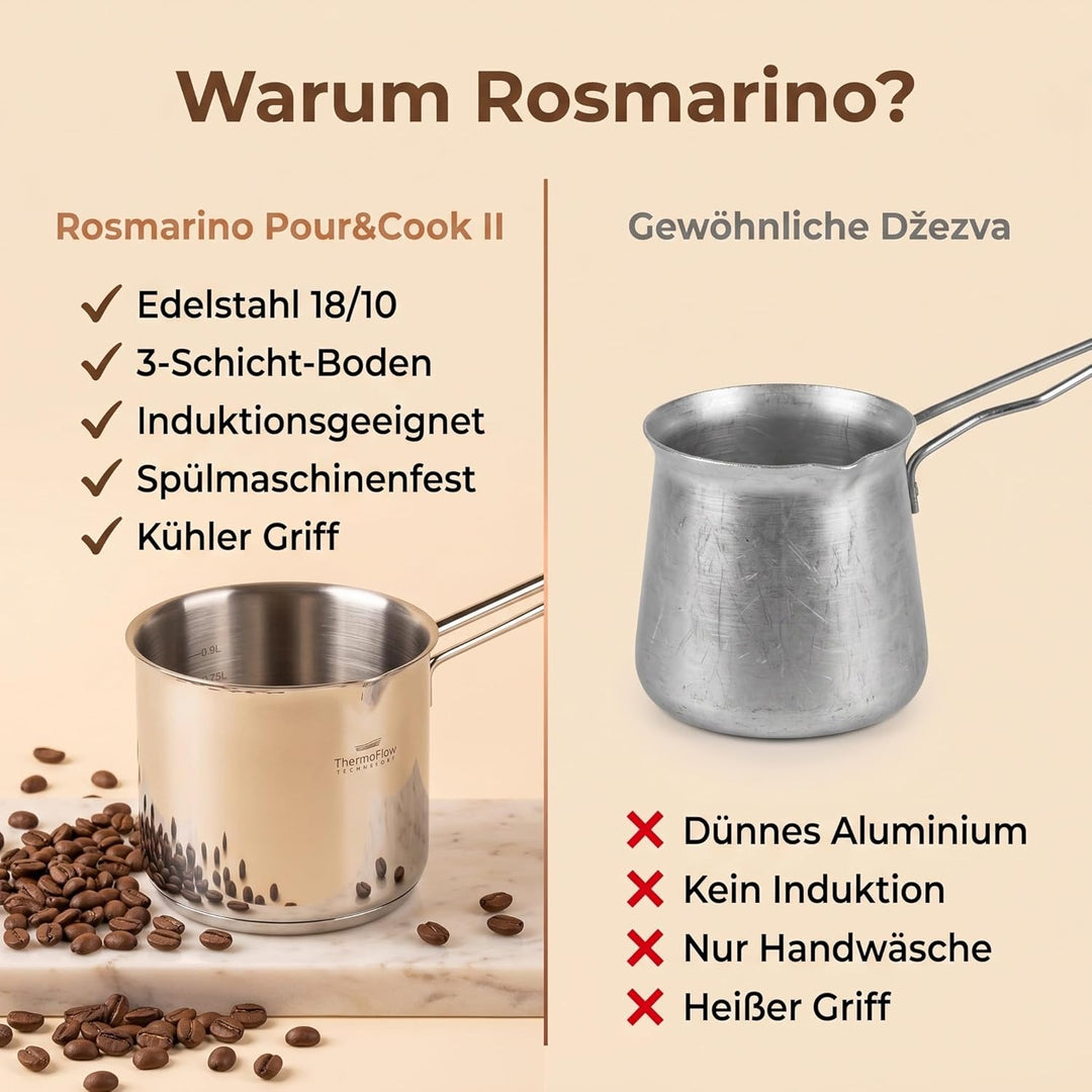 ROSMARINO Edelstahl-Induktions-Mokka-Kanne 1225 ml - model - 2025 - Moderne Türkische Cezve-Kaffeeka