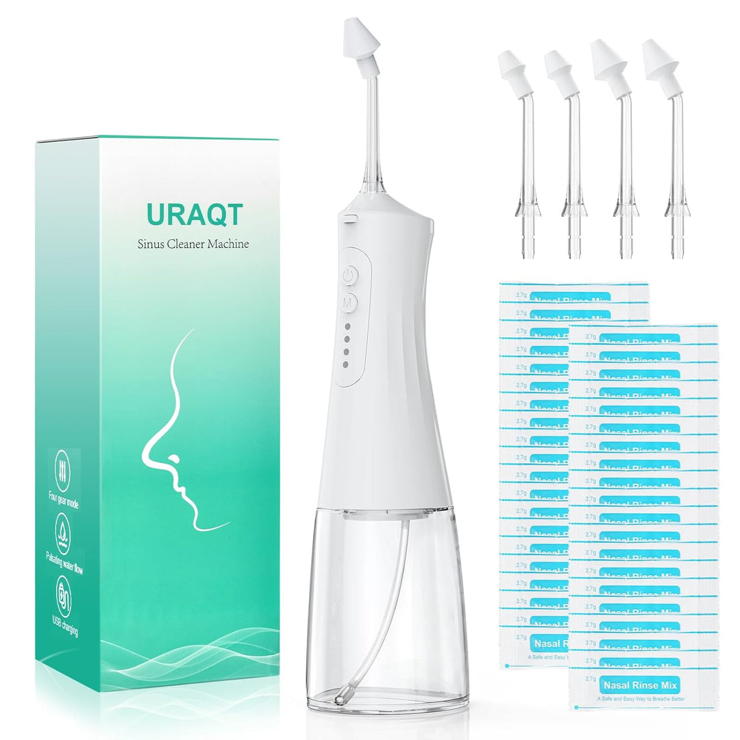URAQT Elektrisch Nasendusche, Elektrischer Neti Pot für Erwachsene und Kinder, mit 4 Ersatzköpfe und