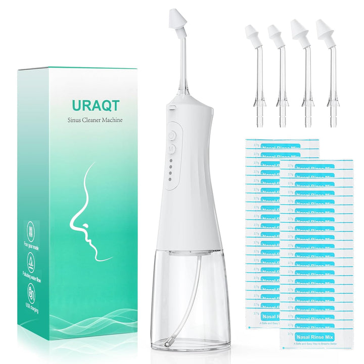 URAQT Elektrisch Nasendusche, Elektrischer Neti Pot für Erwachsene und Kinder, mit 4 Ersatzköpfe und