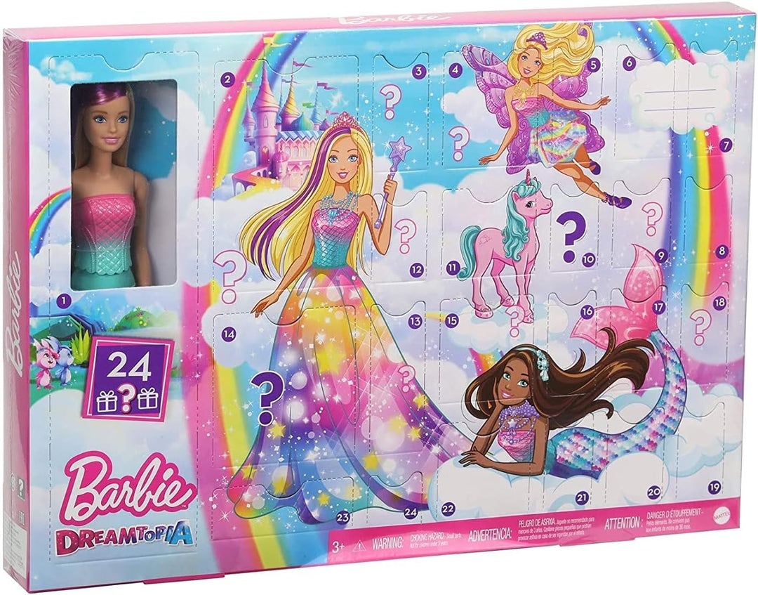Barbie GJB72 - Dreamtopia Adventskalender: Blonde Puppe, 3 Prinzessinnen-Moden, 10 Accessoires und 1