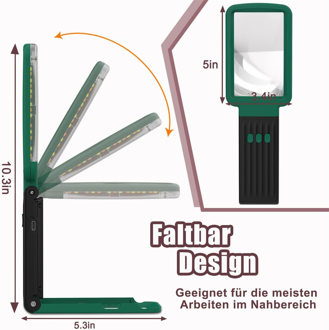 15X Lupe mit Licht und Ständer, Echtglaslinse Leselupe, Wiederaufladbare, Faltbare Grosse Handlupe,