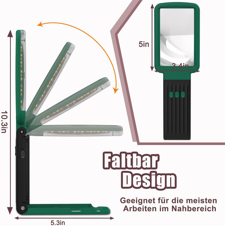 15X Lupe mit Licht und Ständer, Echtglaslinse Leselupe, Wiederaufladbare, Faltbare Grosse Handlupe,