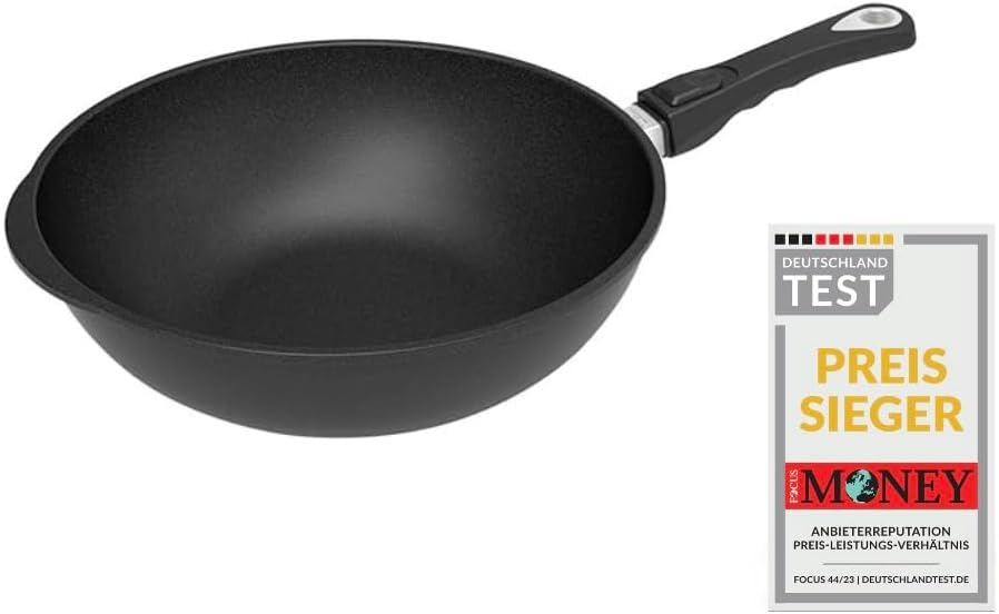 AMT Gastroguss Wok 32 cm Ø, 10 cm hoch, Wokpfanne, induktionsgeeignet, abnehmbarer Stiel, Lotan® Ant