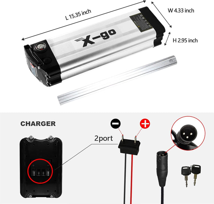 X-go Ebike Batterie, Elektrofahrrad Batterie E-Bike Lithium Batterie Silber Fisch mit Ladegerät, Led