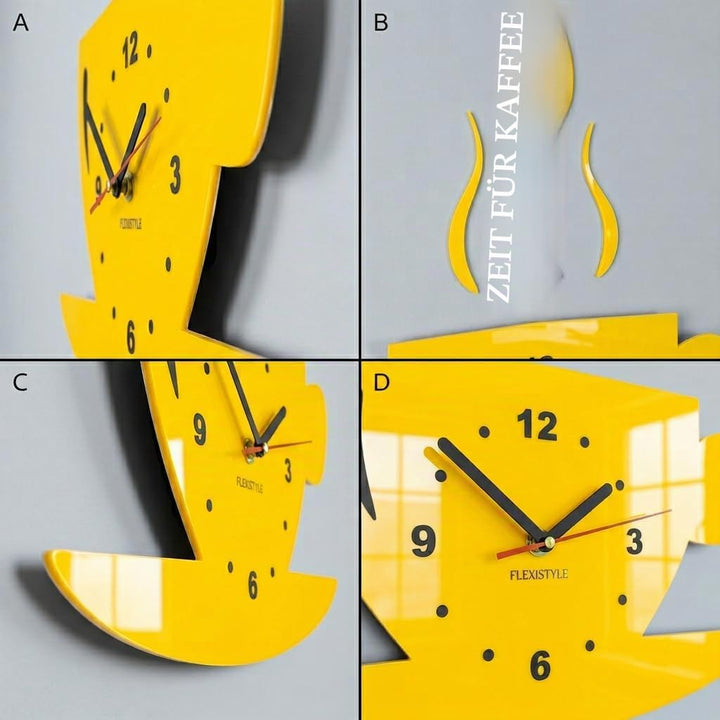 FLEXISTYLE Tasse Time for Coffee (Zeit für Kaffee) Moderne Küche Wanduhr, Zitronengelb, 3D römisch,
