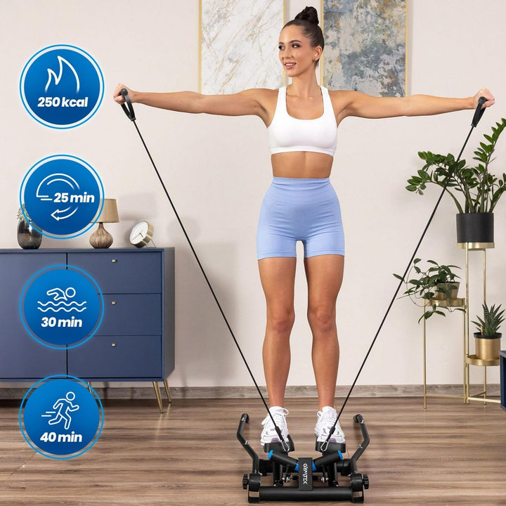 Gymtek Stepper, Drehstepper mit Haltegriffen & Expanderbänder - mit LCD-Bildschirm, Schrittzähler un