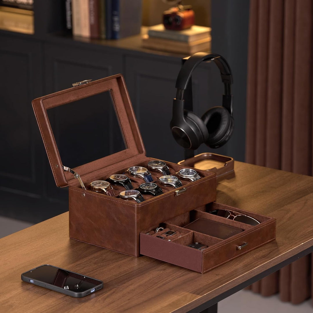 ProCase 8 Slot Uhrenbox, Uhrenkasten mit Glasdeckel Uhrenkissen, Uhrenkoffer für Schmuck Ringe Armbä