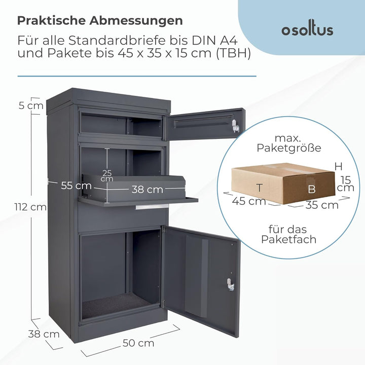 Paketbox mit Zeitungsfach abschliessbar | moderner Standbriefkasten Metall | Postkasten pulverbeschi