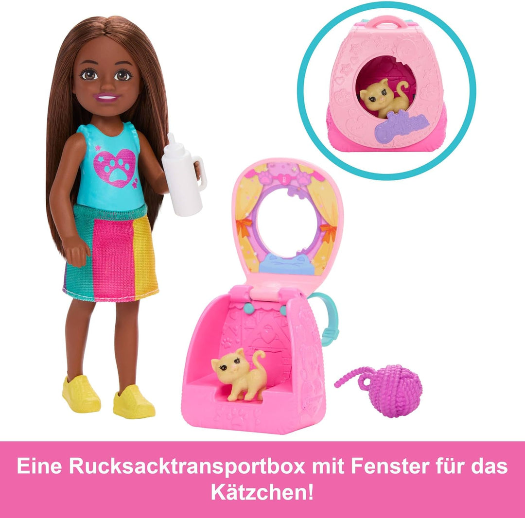 BARBIE Family & Friends Spielspass-Katzenrucksack brünette Chelsea-Puppe und Zubehör, einschliesslic