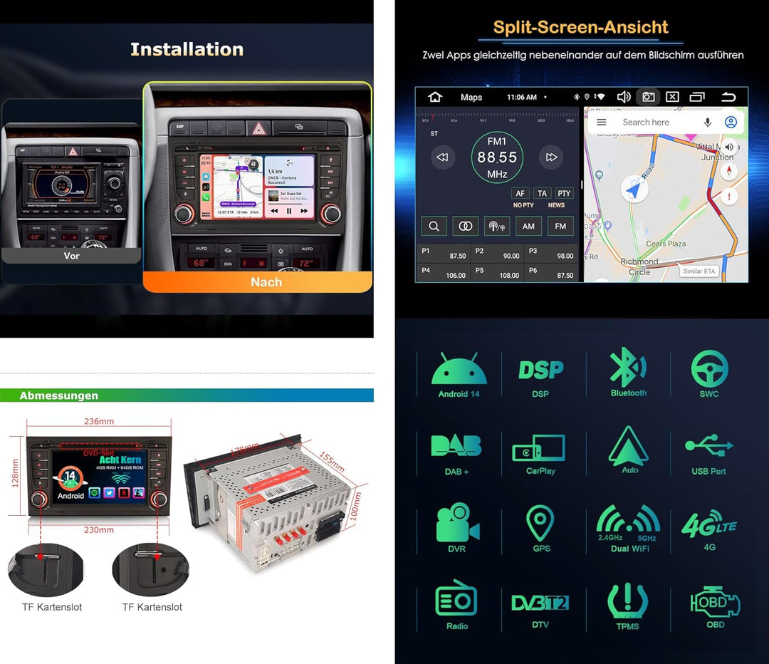 GONFEN Android 11 Autoradio Für Audi A4 S4 RS4 RNS-E Seat Exeo Mit GPS Android Auto Kabelloses Carpl