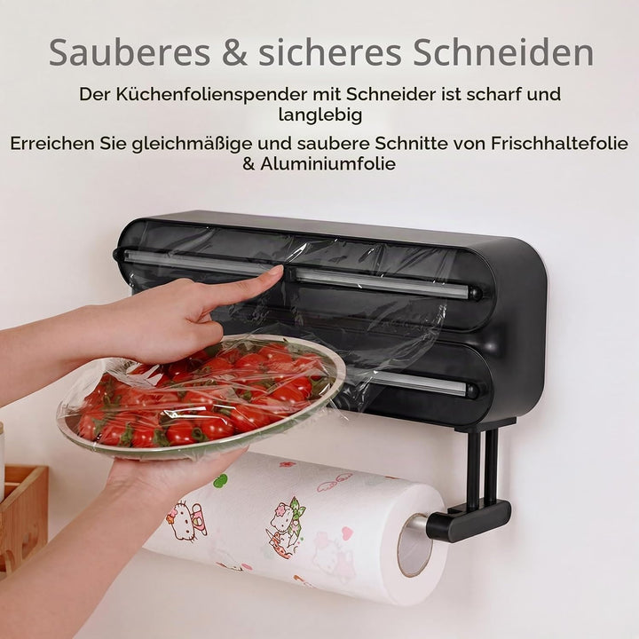 3 in 1 Frischhaltefolienspender mit Cutter, Küchenrollenhalterung mit Küchenrollenhalter, Alufoliens