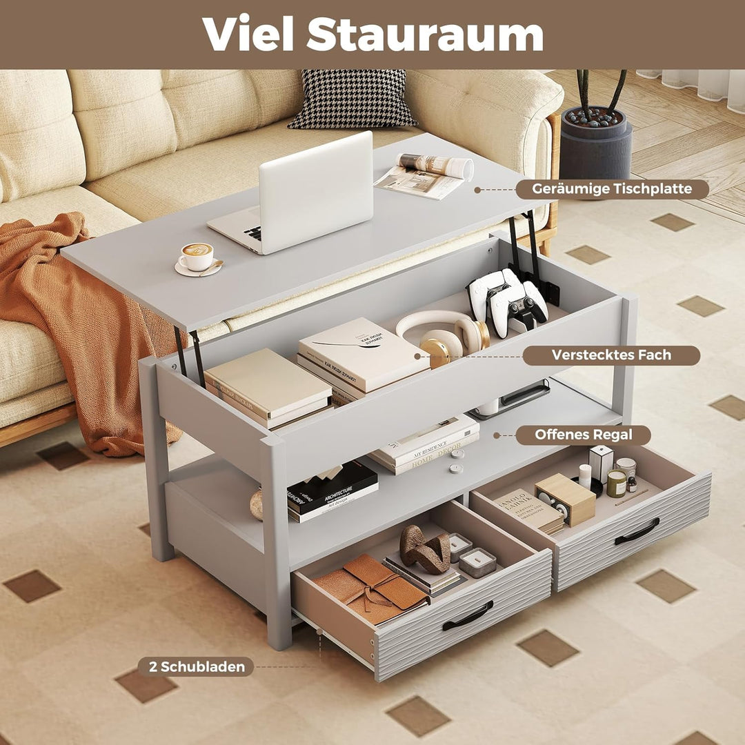 COSTWAY Couchtisch Höhenverstellbar, Sofatisch mit offene Ablage & 2 Schubladen, Wohnzimmertisch mit