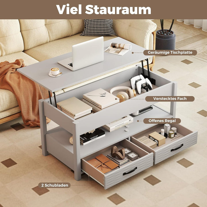 COSTWAY Couchtisch Höhenverstellbar, Sofatisch mit offene Ablage & 2 Schubladen, Wohnzimmertisch mit