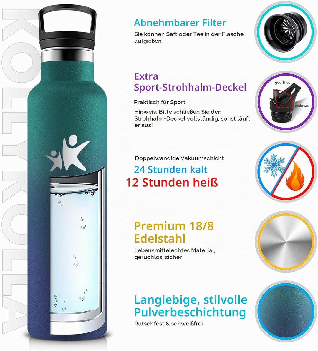 KollyKolla Thermosflasche 750ml, Trinkflasche mit Strohhalm, BPA-Frei, Kohlensäure Geeignet, Auslauf