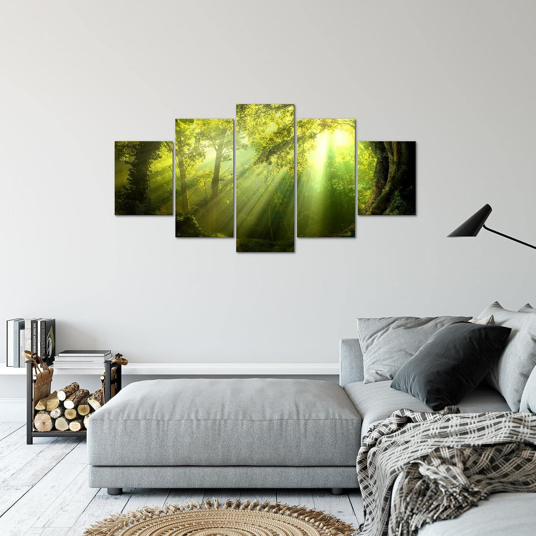 Runa Art Bild Schlafzimmer Wohnzimmer Wald Landschaft 5 Teilig Sonne Grün Wandbilder auf Vlies Leinw