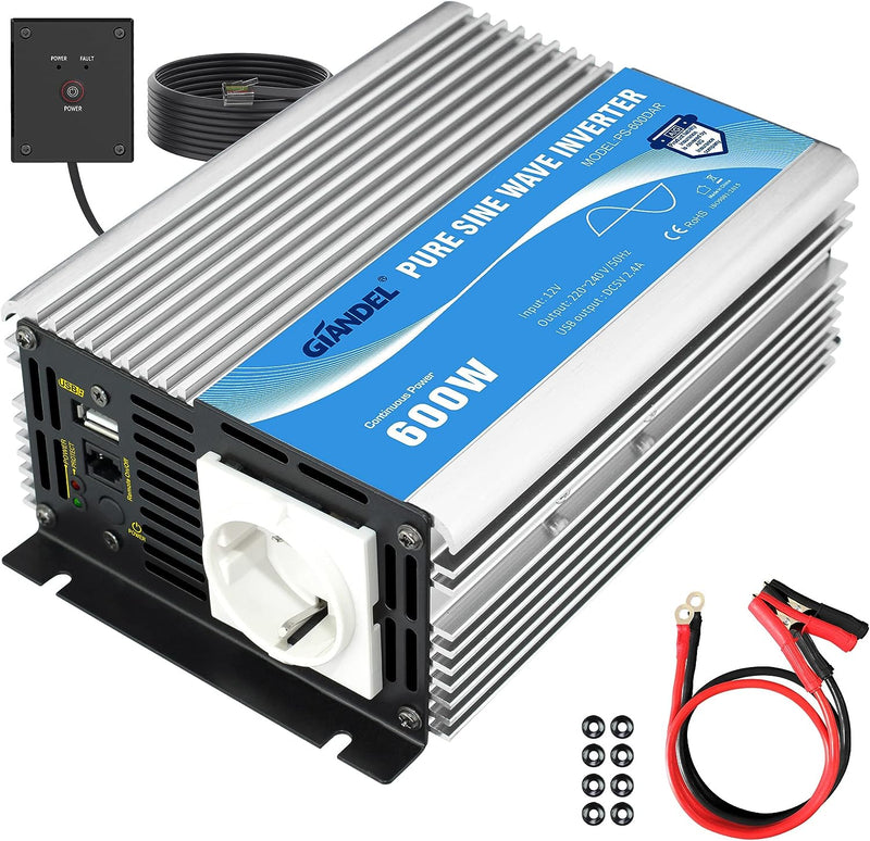 600W Wechselrichter Reiner Sinus Spannungswandler 12V auf 230V Power Inverter mit Fernbedienung und